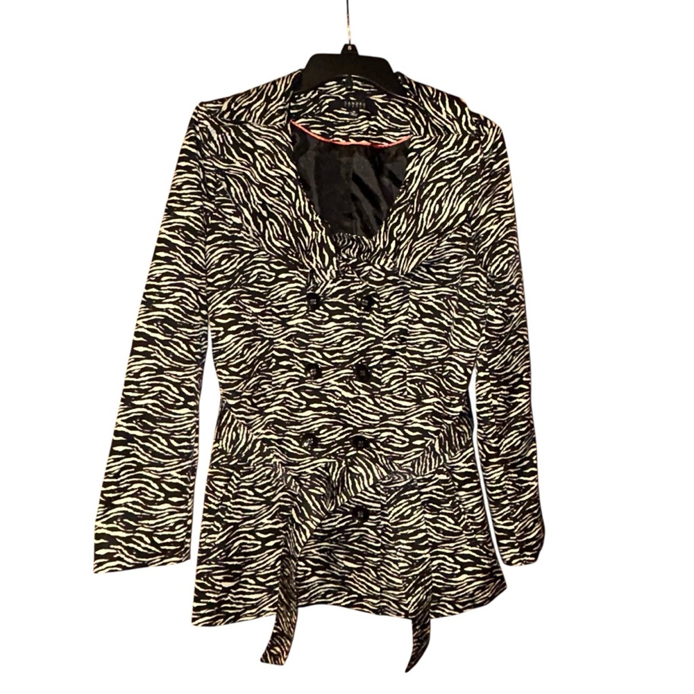 Sandro Studio Zebra Print Trench Coat‎ Jacket Women’s Medium Black White Belted
